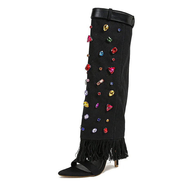 

New Colored Diamond Women's High Heels Cool Denim Boots Belt Buckle Thin High Heels Fashion Walk Show Long Barrel Boots