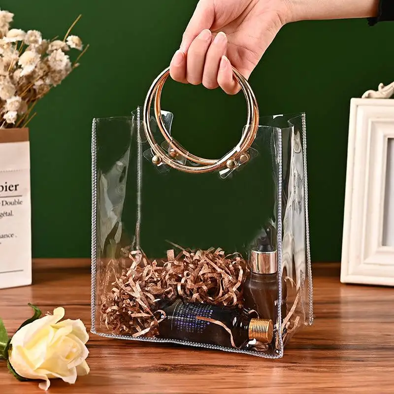 

Round Ring Handbag Fashion Shopping Bag PVC Transparent Tote Bag Wedding Gift Portable Storage Bags Candy Flower Packaging Bag