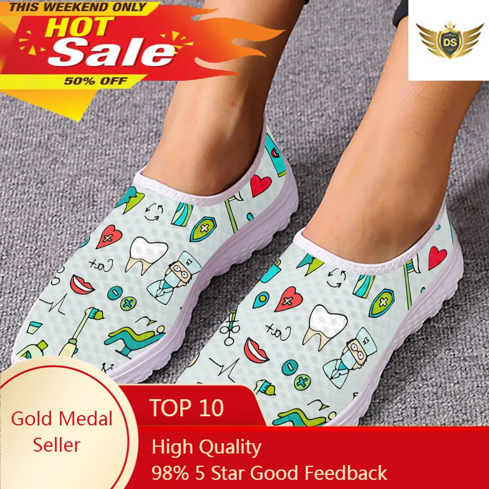 Dentist Shoes Women's Flats Cartoon Dental Nurse Print Breath Mesh Comfort Sneakers For Ladies Girls Summer Loafers