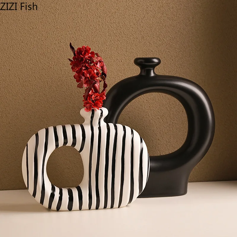 Zebra Stripes Ceramic Vase Artificial Flower Decorative Flowers Pots Desk Decoration Modern Floral Vases Room Aesthetic Decor 2