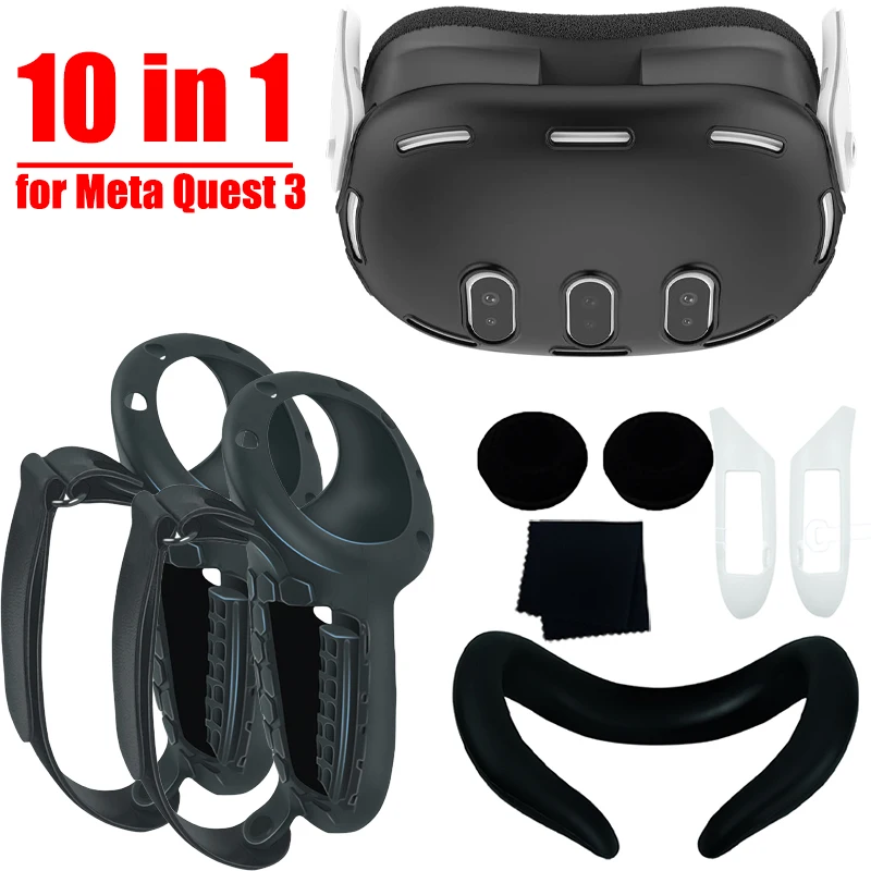 

10 in 1 Protector Set for Meta Quest 3 Soft Silicone Face Cover VR Shell Touch Controller Grip Case For Meta Quest3 Accessories