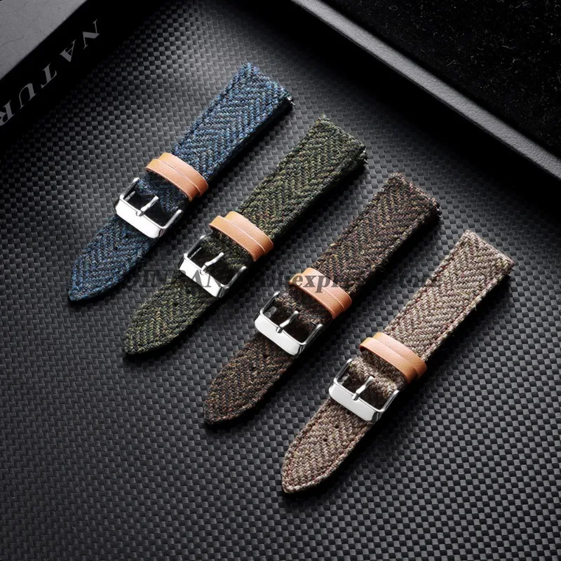 Vintage Leather Tweed Nylon Watchband Strap - Unisex Replacement Wristband with Tweed Fabric Accent