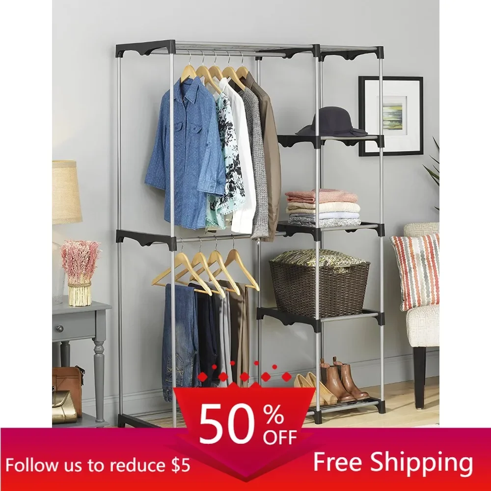 

Double Rod Closet System, Metal with Resin Connectors, Silver and Black closet