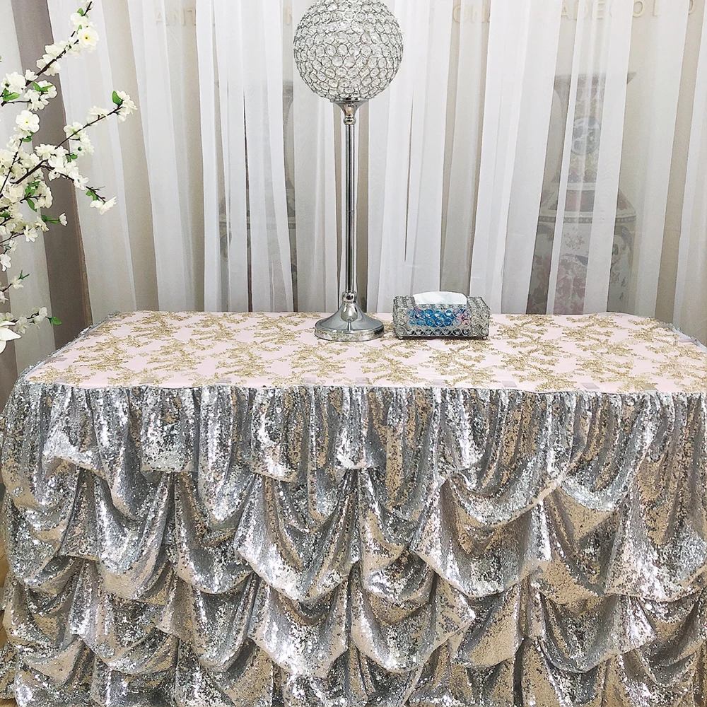 August 2 Piece /lot L * 30 Inch H Silver Shiny Sequin Table Skirt For Wedding Decoration