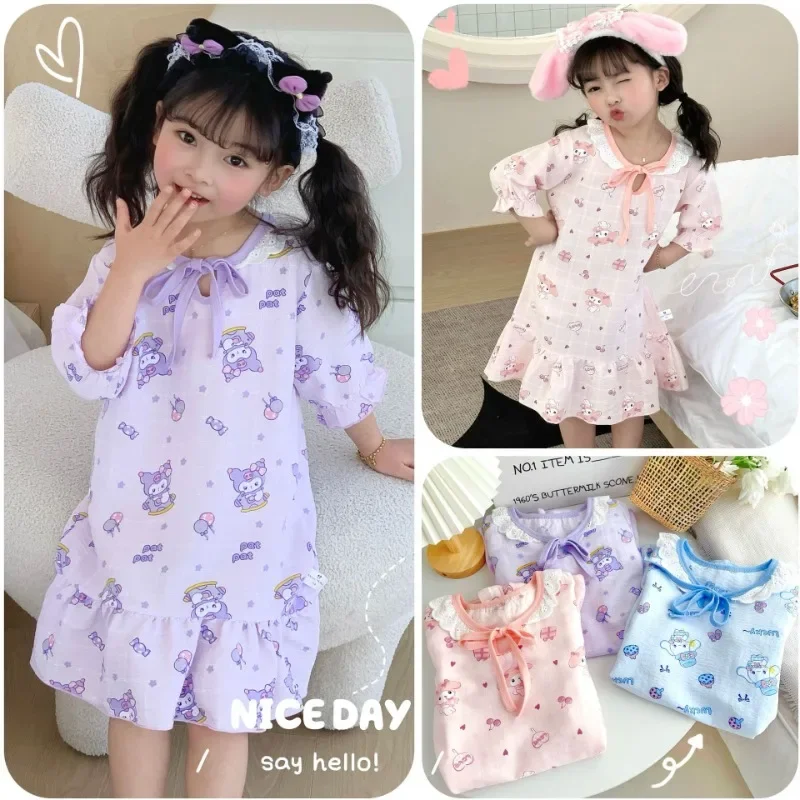 

Детская летняя кавайная ночная рубашка из аниме Kuromi Cinnamoroll Sanrio, милая модная домашняя одежда в стиле Ins My Melody, пижамы, подарки для детей