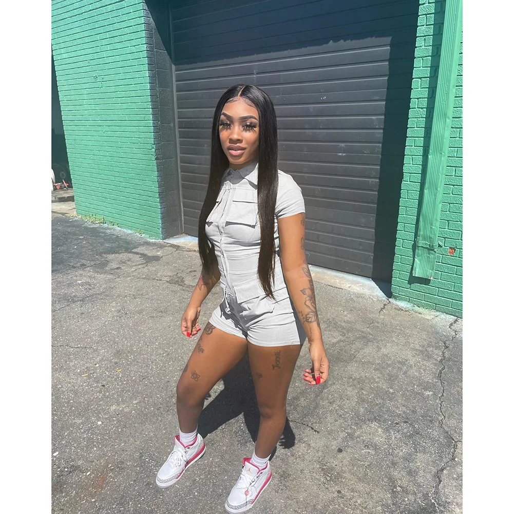 Women's Solid Color Jumpsuit 2023 Summer New Zipper Pocket Cargo Shorts Fashion Casual Romper One Piece Party Clubwear