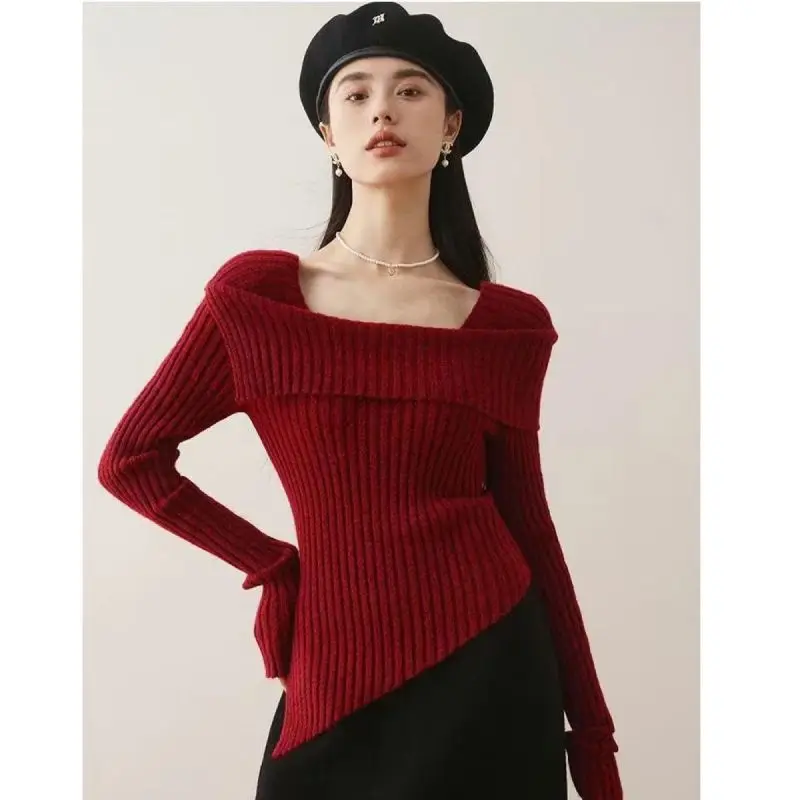 

Christmas French Shoulder Irregular Sweater Autumn and Winter New Temperament High-grade Feeling Lazy Knit Top