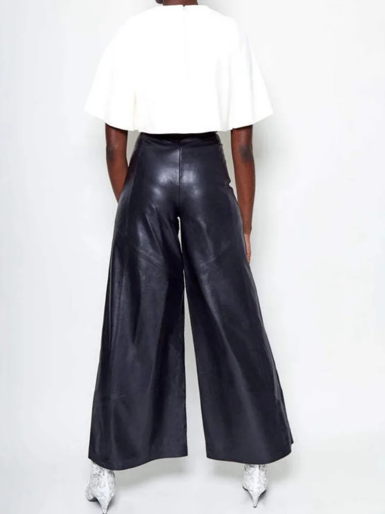 Wmstar Pants Women Wholesale Fashionable Leather 22025 High Waisted Loose Pockets Cinched Waist Leather Flared Casual Long