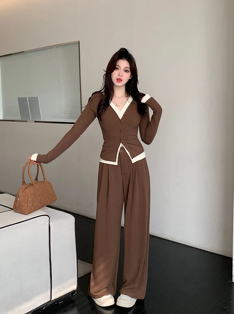 Autumn Casual Two-piece Pants Set Women Long Sleeves V-neck Single Breasted Top Wide Leg Pants Korean Fashion Outfits New