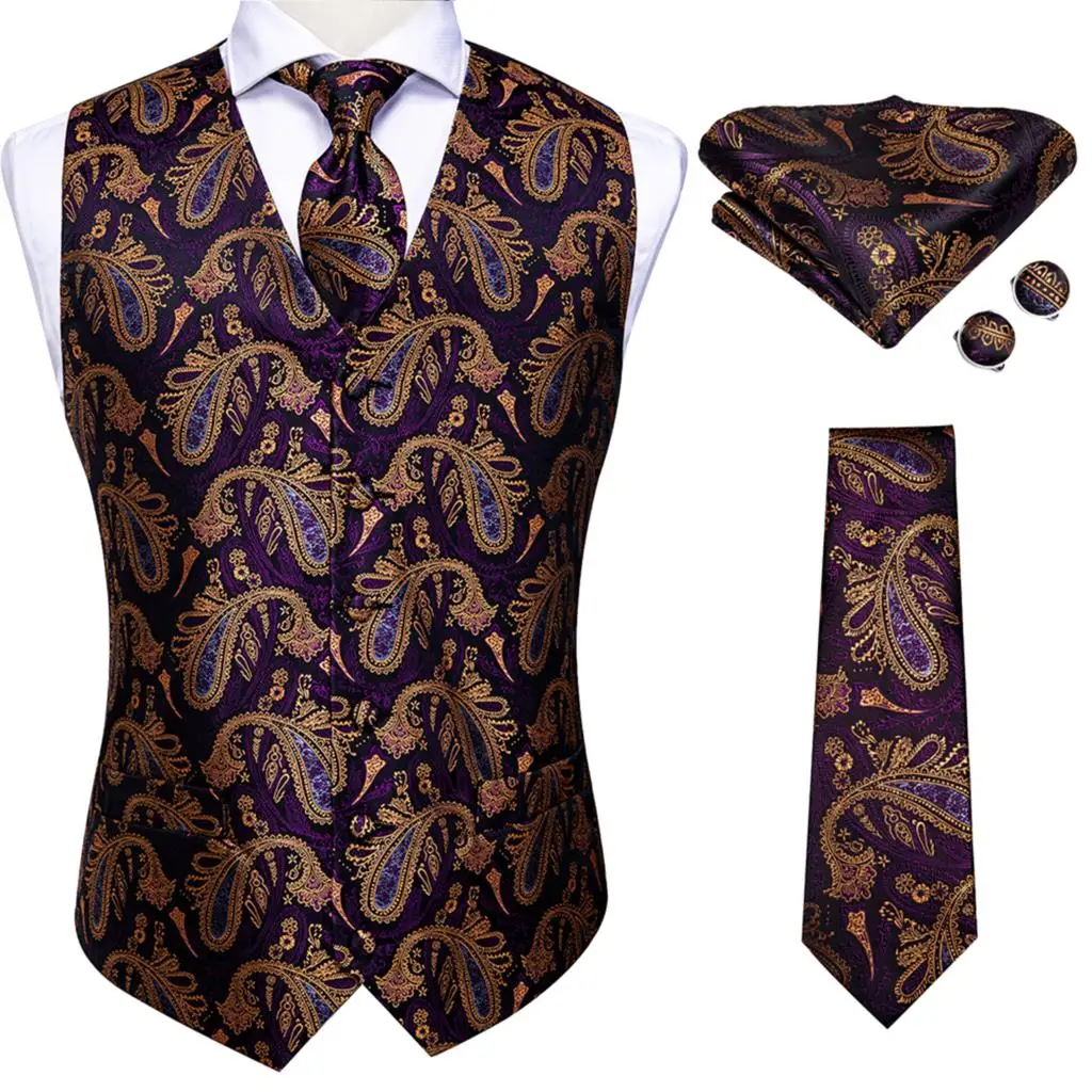 Purple Gold Silk Mens Vest Tie Set Jacquard Paisley Sleeveless Jacket Suit Waistcoat Necktie Hanky Cufflinks Wedding Business 3