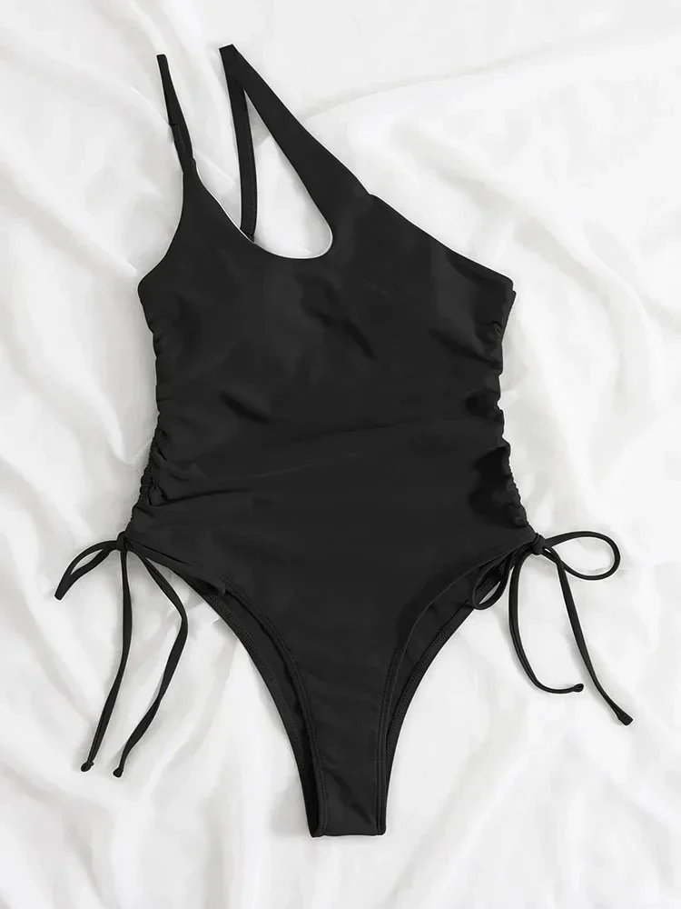 One Shoulder Bikini Textured Swimwear High Cut Swimsuit Solid Bathing Suit Women Brazilian Fashion