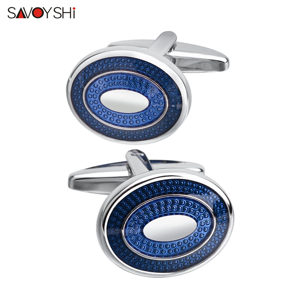 

SAVOYSHI Newest Blue Enamel Cufflinks for Mens Brand Oval Cuff buttons High Quality Cuff link man Business Gift Free Custom Name