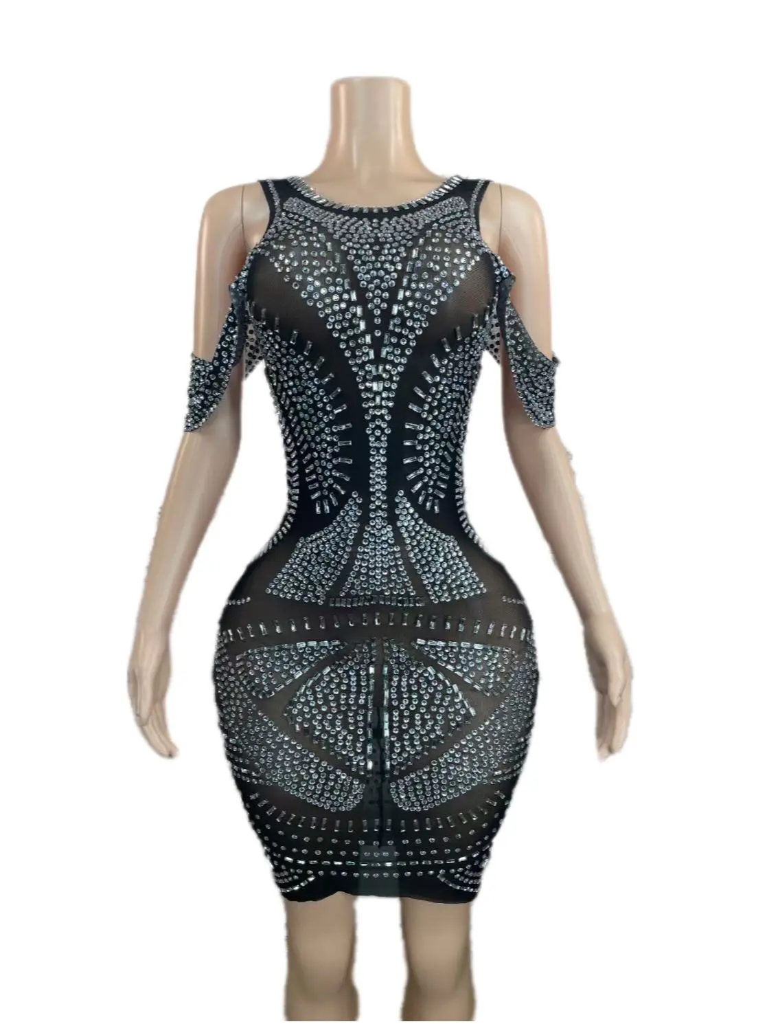 

Black Nude Shining Rhinestones Off The Shoulder Sexy Sheath Dress For Women Nightclub Party Clothing Singer Stage Costumes