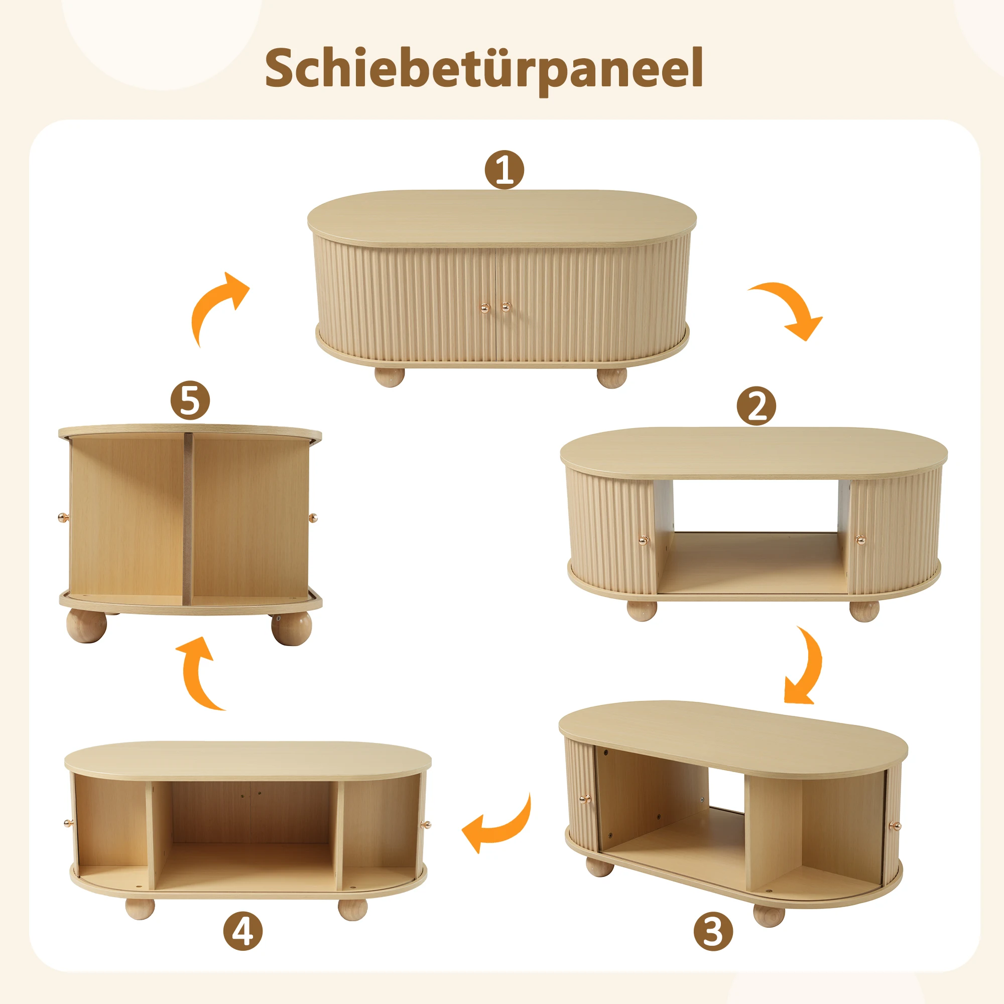 KOMHTOM Ovaler Couchtisch mit Stauraum und Schiebetüren, Platzsparendes Multifunktionsmöbel in Holzfarben – Detail 6