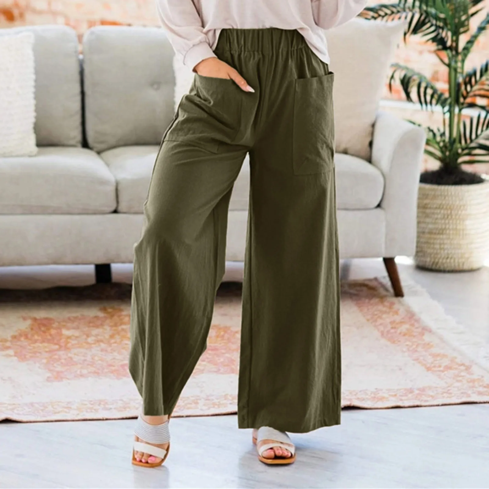 

Women Summer Casual Loose Wide Leg Long Pants Elastic hIGH Waist Cotton Linen Harem Trousers With Pockets Straight Tube Pantalon