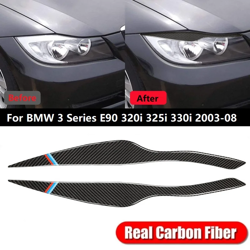 2PCS Real Carbon Fiber Headlight Eyelid Eyebrow Cover Stickers For BMW