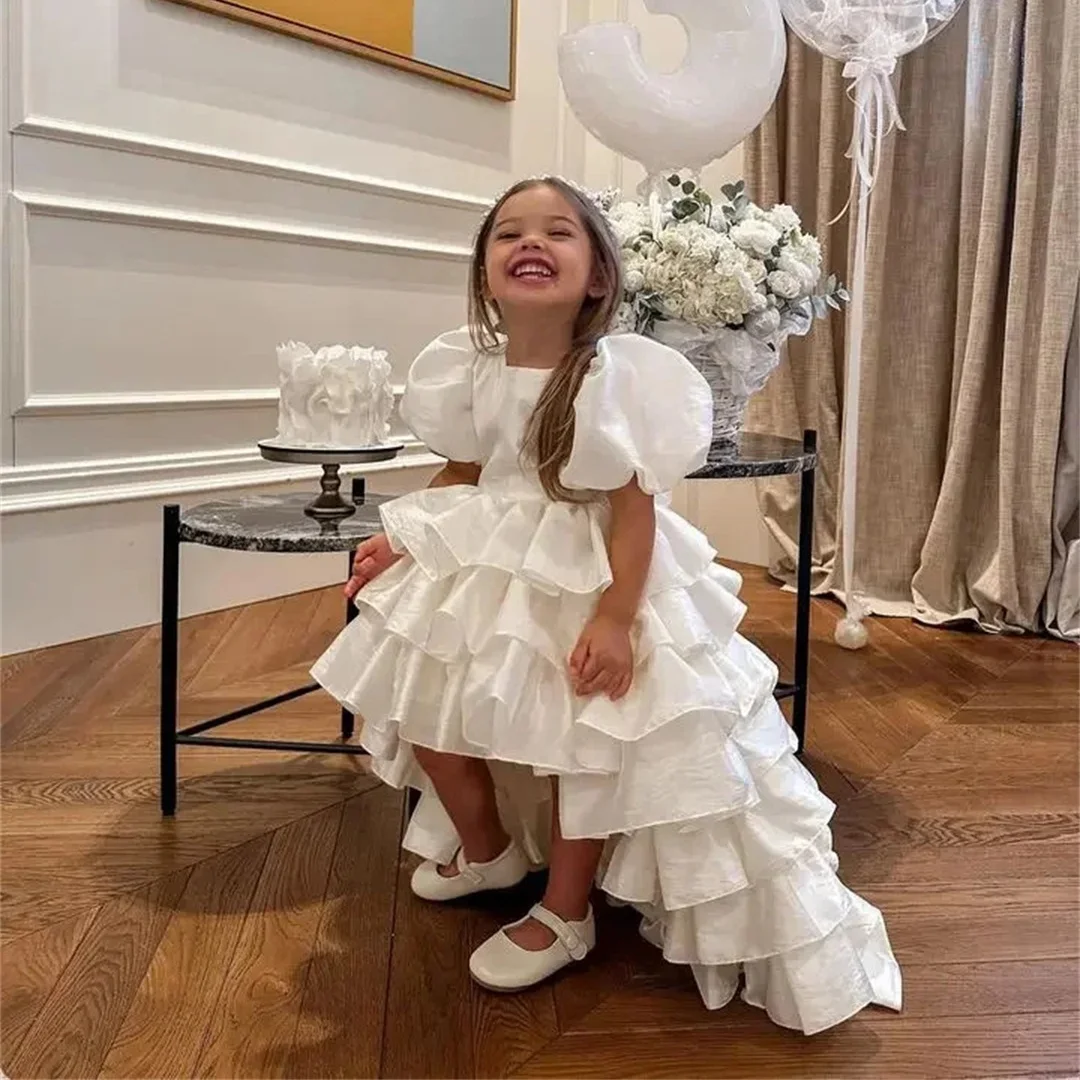 

Layered Flower Girl Dress For Wedding Puffy Satin With Bow Kid Birthday Party Princess Pageant Dress First Communion Gown