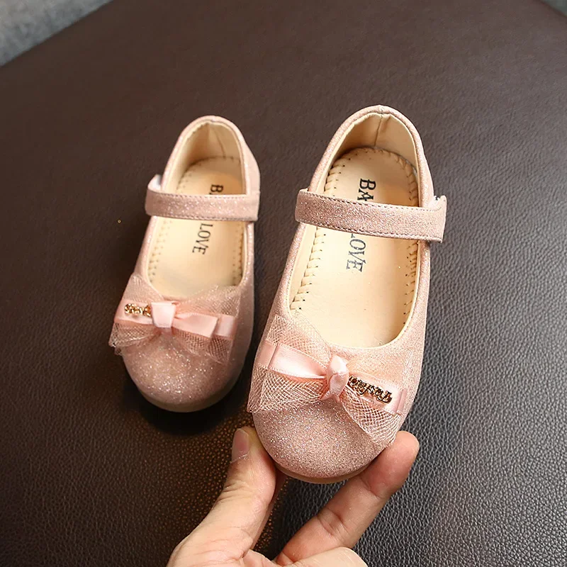 Fashion Kids Flats for Girls Shoes Toddlers Little Children Dress Shoes Glitter Leather with Lace Bow-knot Princess Woman