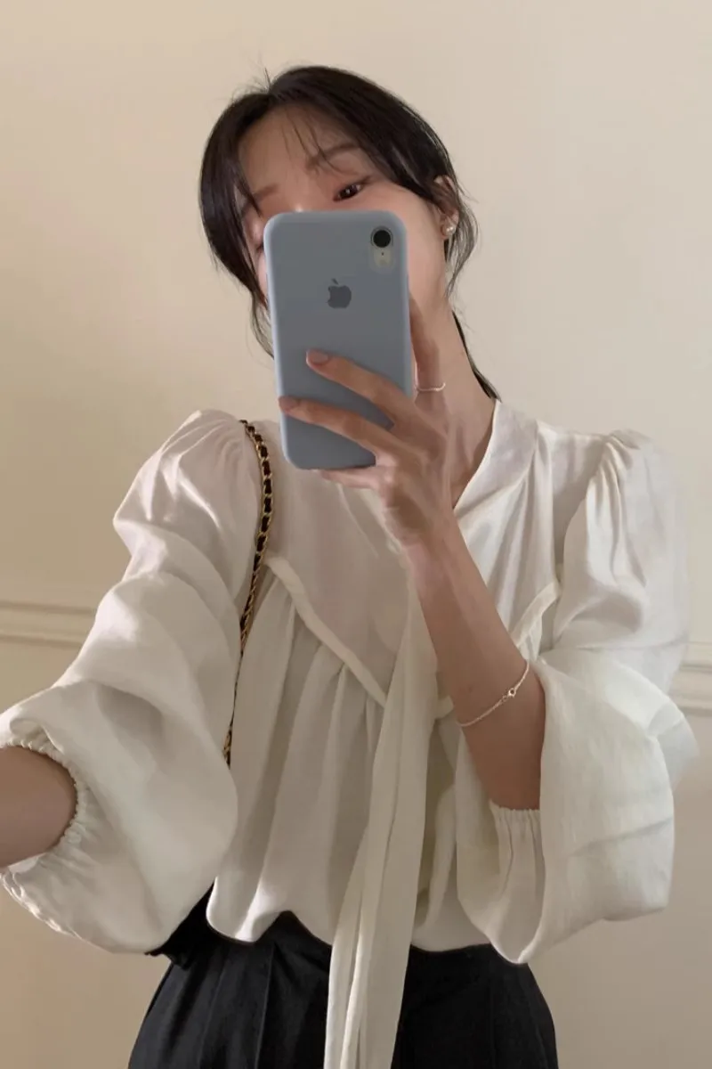 

Женская рубашка с длинным рукавом, элегантная Свободная блузка в Корейском стиле с V-образным вырезом и завязками, в стиле пэчворк, осень