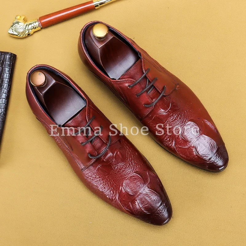 Men Spring Burgundy Crocodile Pattern Leather Shoes Korean Style Pointed Lace Up Formal Wedding Banquet