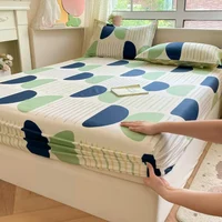 Bedding Set 100% Cotton Fitted Sheet + 2pc Pillowcases Bed Sheet Soft Rabbit Flower Print Single Double Queen King Cal-King Size 5