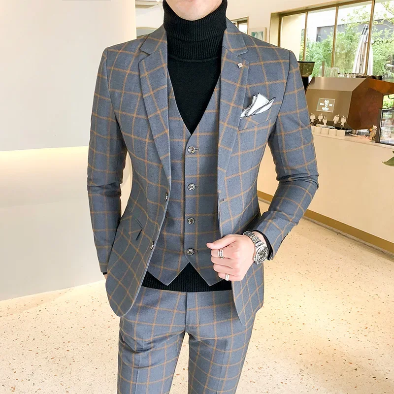 Blazer and Vest and Pants / Boutique Fashion Plaid Men's Casual Business Suit 3pcs Set Groom Wedding Dress Performance Costume mens suit