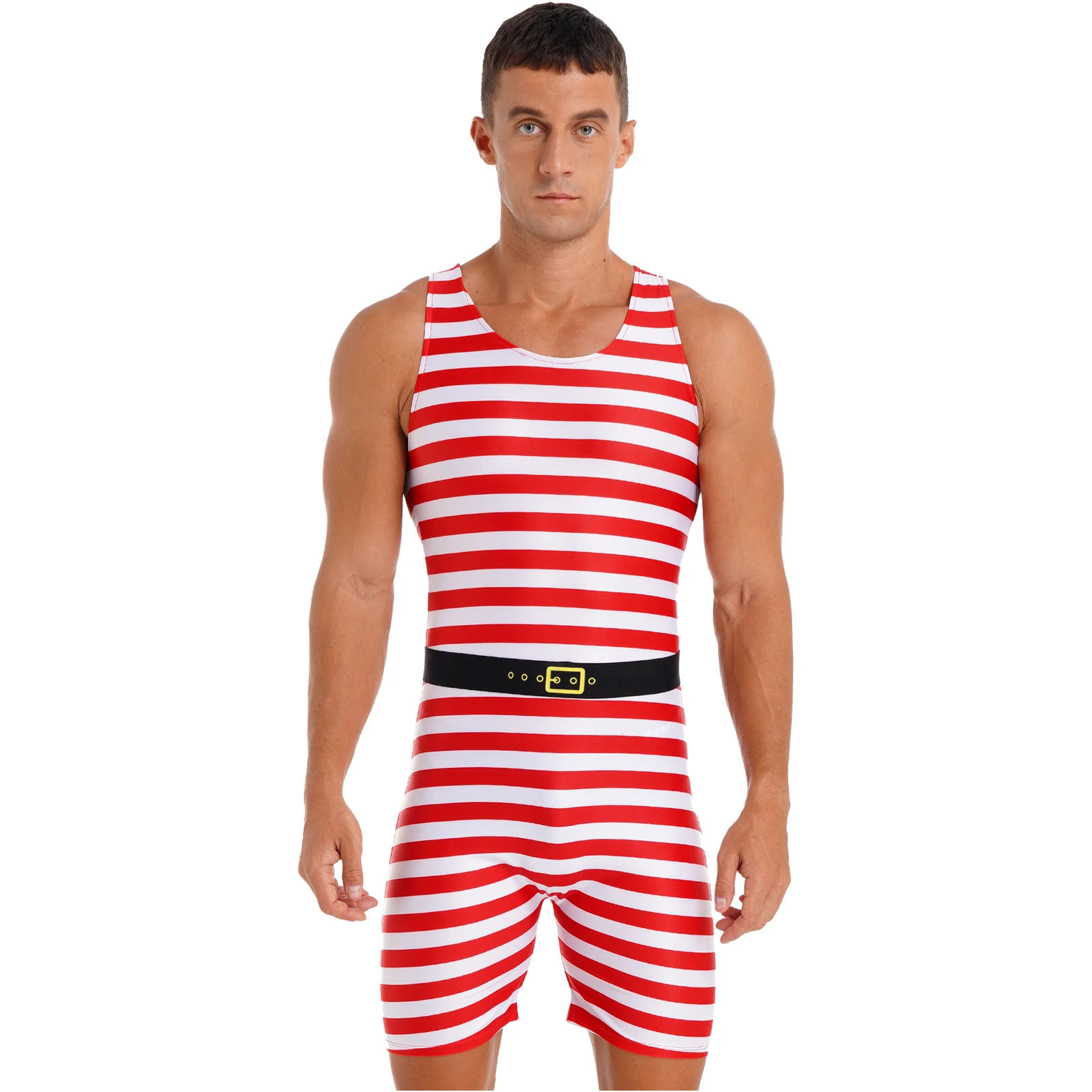 Swimwear Mens Christmas Cosplay Costume Role Play Outfit Color Block Stripe Sleeveless Jumpsuit Bodysuit One-piece Swimsuit