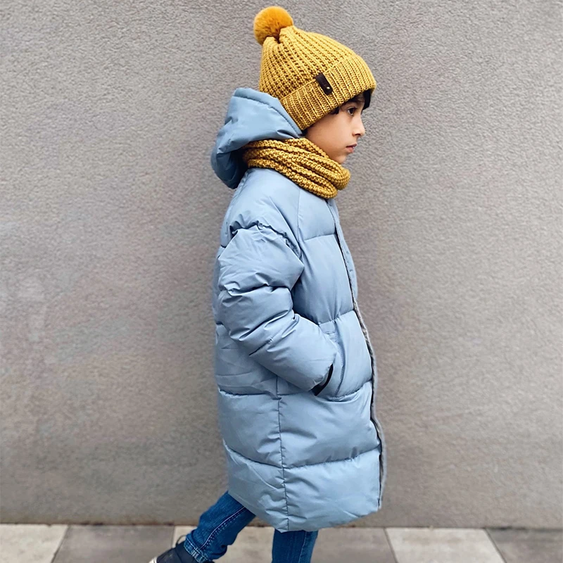 Young Children's Winter Down Jackets Fashion Boys Girls Cotton-Padded Hooded Parkas Kids Outerwear Long Coats Teenage Overcoats