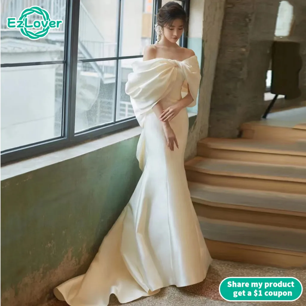 

Charming Satin Bows Wedding Dresses For Women Off Shoulder Bridal Gowns Split Simple Wedding Gown Robe De Mariée Plus Size