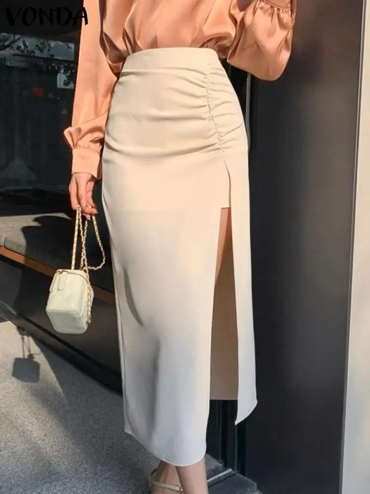 

VONDA Women Elegant Solid Color Skirts 2023 Sexy High Waisted Pleated Slit Mid Length Skirt Fashion Office Lady Bottoms Oversize