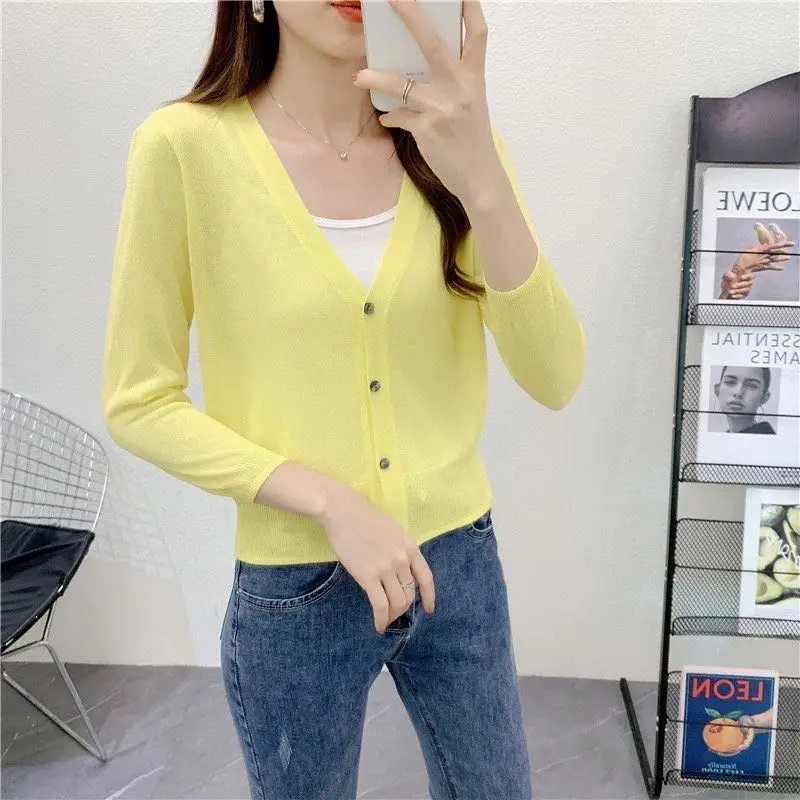 Spring/Summer Ice Linen Knitted Split Sleeve Cardigan Women's Versatile Office Air Conditioning Shirt Fashion Sunscreen Top