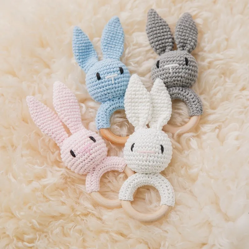 Wooden Rattle Baby Teether Kids Teething Rings Animal Crochet Rattle Elephant Wooden Babies Gym Montessori Children's Toys