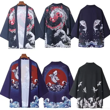 Stile cinese Gru Carpa Drago Volare Minoranze etniche Abbigliamento Cardigan estivo Kimono Mantello Abito Top da uomo Manica corta 1