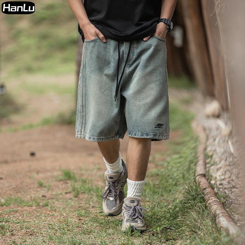 Men's Summer New Vintage Denim Side Panel Shorts Men's Casual Loose Blue Jeans Shorts Elastic Waistpack Shorts
