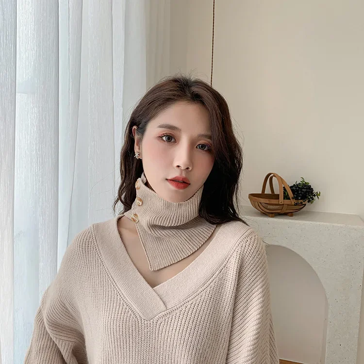 Women Winter Warm Solid Button Knit Neck Warmer Circle Outdoor Wrap Cowl Loop Snood Shawl Vacation Ski Climbing Scarf for Women