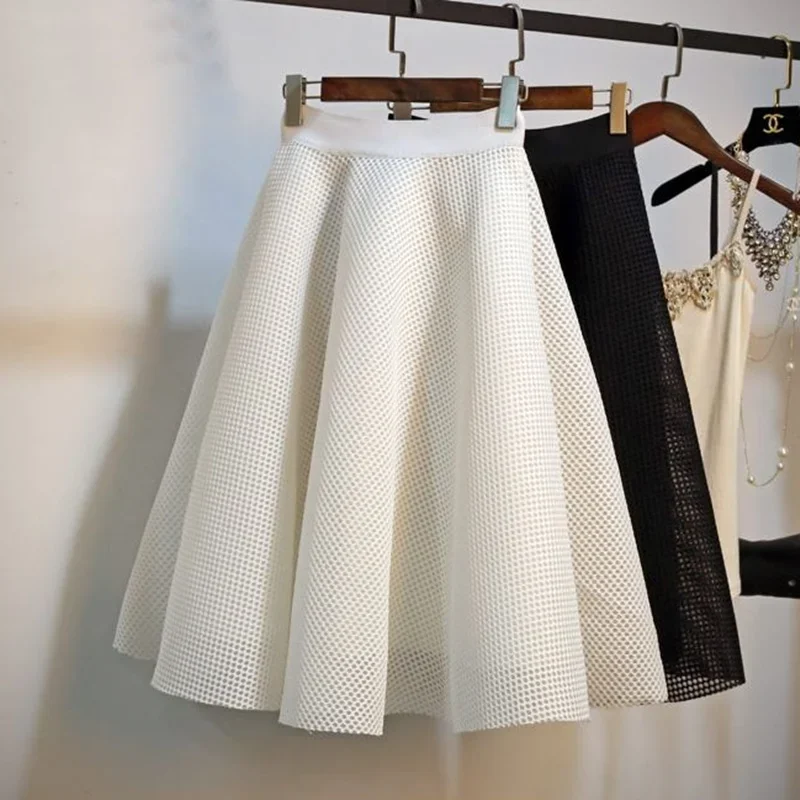 

Summer Plaid Hollow High Waist Tutu Skirt Women Solid A-Line Swing Umbrella Skirt Female Fashion Casual Pleated Skirts P366