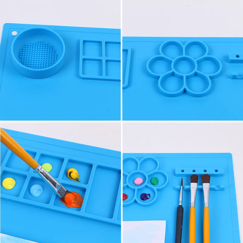 Silicone Painting Mat Kids Art Crafts Pads with Cup and Paint Brush Holder Palette DIY Handmade Mat 6
