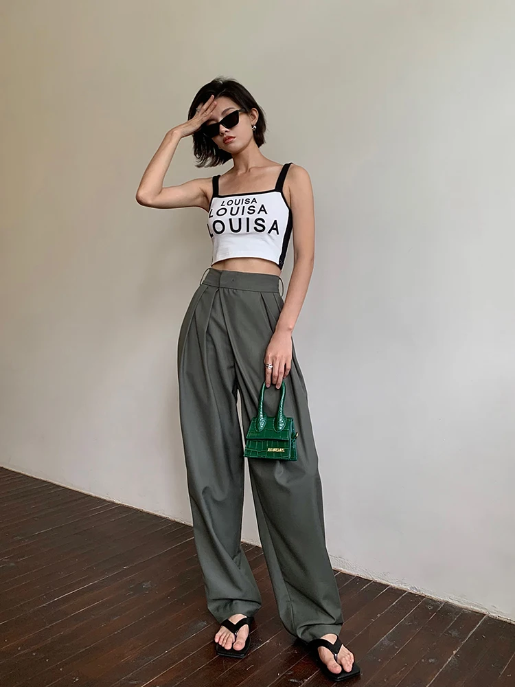 Women's Chic Pleated Wide Leg Pants Spring Autumn High Waist Straight Loose Suit Pants Lady Casual Streetwear Wide Leg Trousers