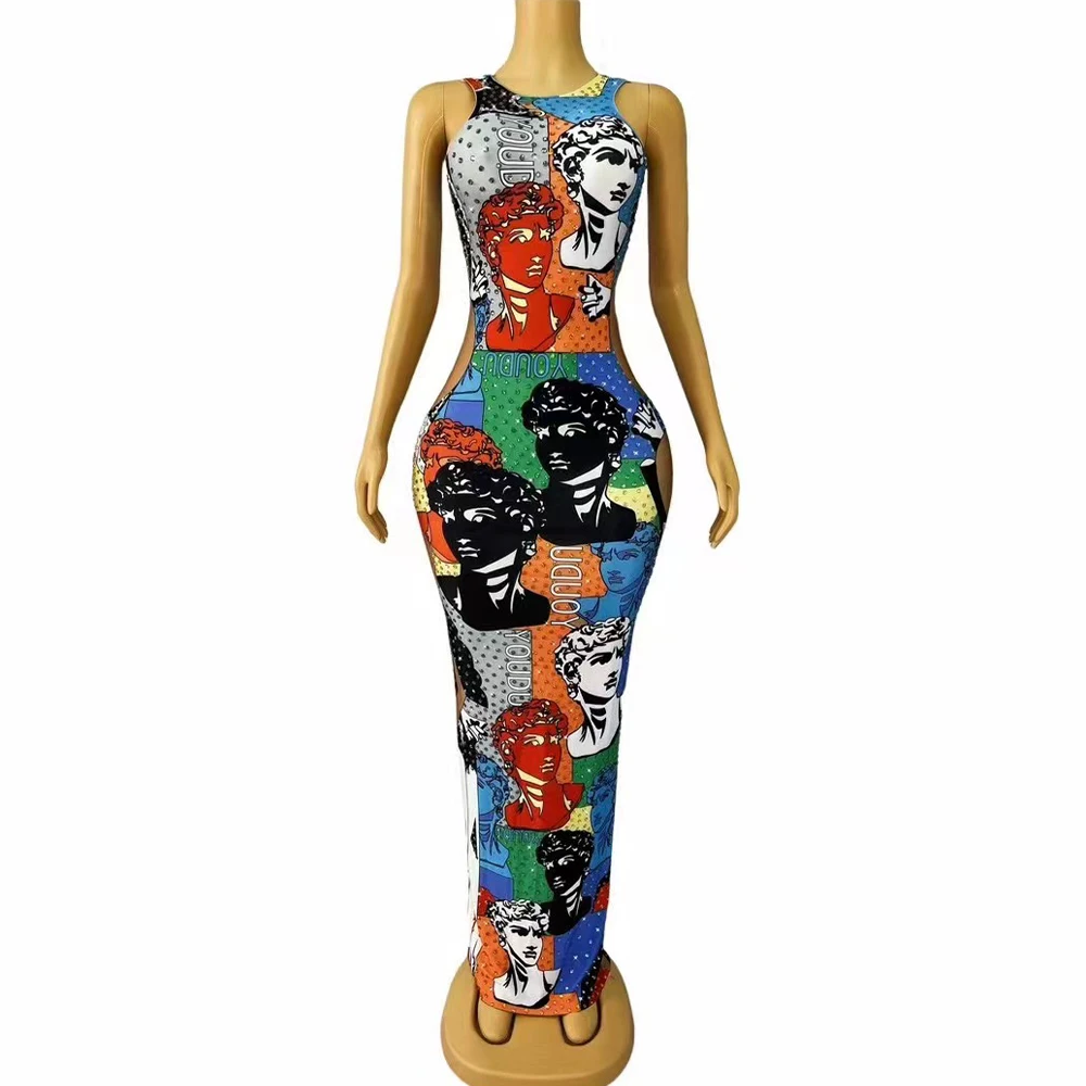Sexy Cute Colorful Rhinestones Spandex Stretch Celebrate Face Pattern Dress Outfit Party Singer Collection Birthday Costume