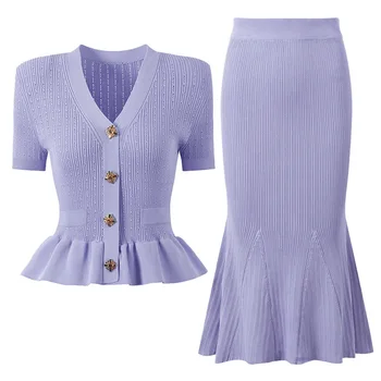 Ensemble deux pièces tricoté cristal femme cardigan manches courtes jupe longue queue de poisson - La Garde-Robe Idéale