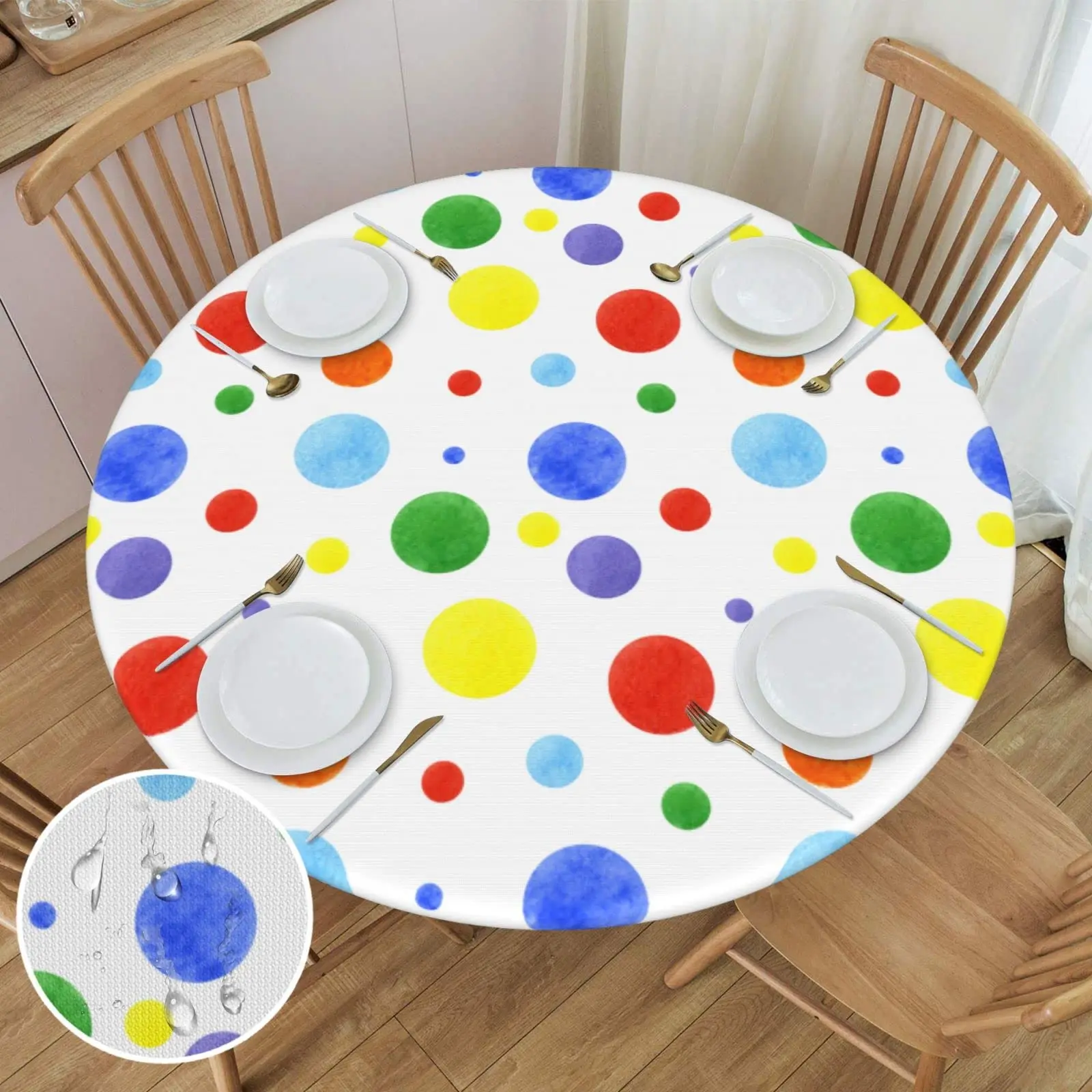 

Colorful Polka Dots Round Fitted Table Covers Elastic Edge Circle Tablecloth for Dining Party Holiday Indoor Outdoor Home Decor
