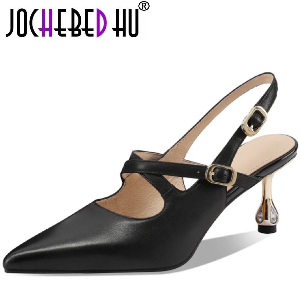 Women Leather Pumps Pointed Toe Mid Heels Slingbacks Party Shoes Sizes 33-43