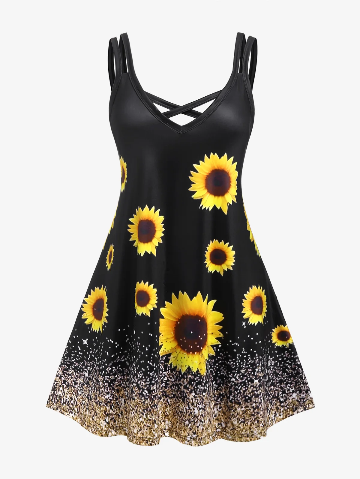 

ROSEGAL Women's Sexy V-Neck A-Line Dresses Fashion Sunflower 3D Print Knee Length Dress Black Sleeveless Summer Casual Everyday