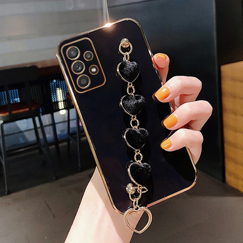 thumbnail image 1 of Love Heart Plush Bracelet Case For Samsung Galaxy A14 A15 A24 A25 A34 A54 A04S A05 A13 A23 A32 A52 Chain Plating Silicone Cover, 1 of 5