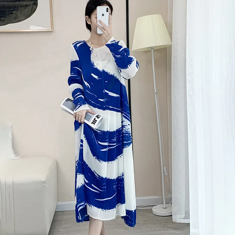 

Miyake Pleated Slim Temperament National Style Printed Women's Dress Draping Dress Long Sleeve Premium Autumn Women's Fashion