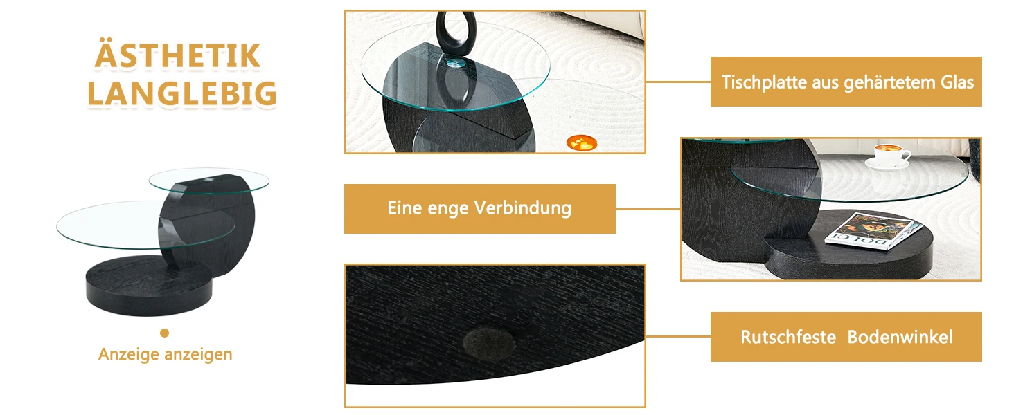 Moderner, minimalistischer Couchtisch aus doppelschichtigem Sicherheitsglas, mehrstufiges Design, hochwertige MDF-Stützstruktur mit schwarzer W-Finish-Oberfläche. – Detail 11