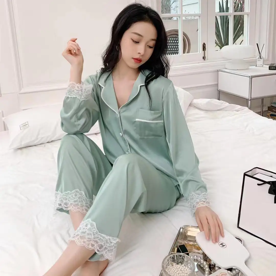 

Женский кружевной пижамный комплект с лацканами, Весенняя атласная пижама с длинным рукавом, повседневная женская одежда для сна, шелковые атласные ночные рубашки, домашняя одежда