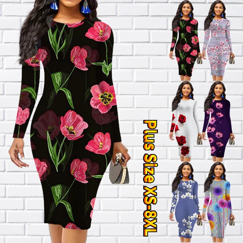 

Autumn Winter Women Round Neck Knee-length Skirt New Design Printed MIDI Skirt Fashion Long Sleeve Skirt Casual Sheath Skirt