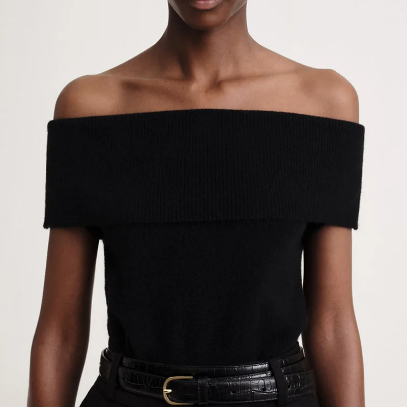 

T0te-Women's Wool Canvas Bustier Tops, One-Shoulder Jersey, Slim and Skinny Sweater, Spring Pullover, New