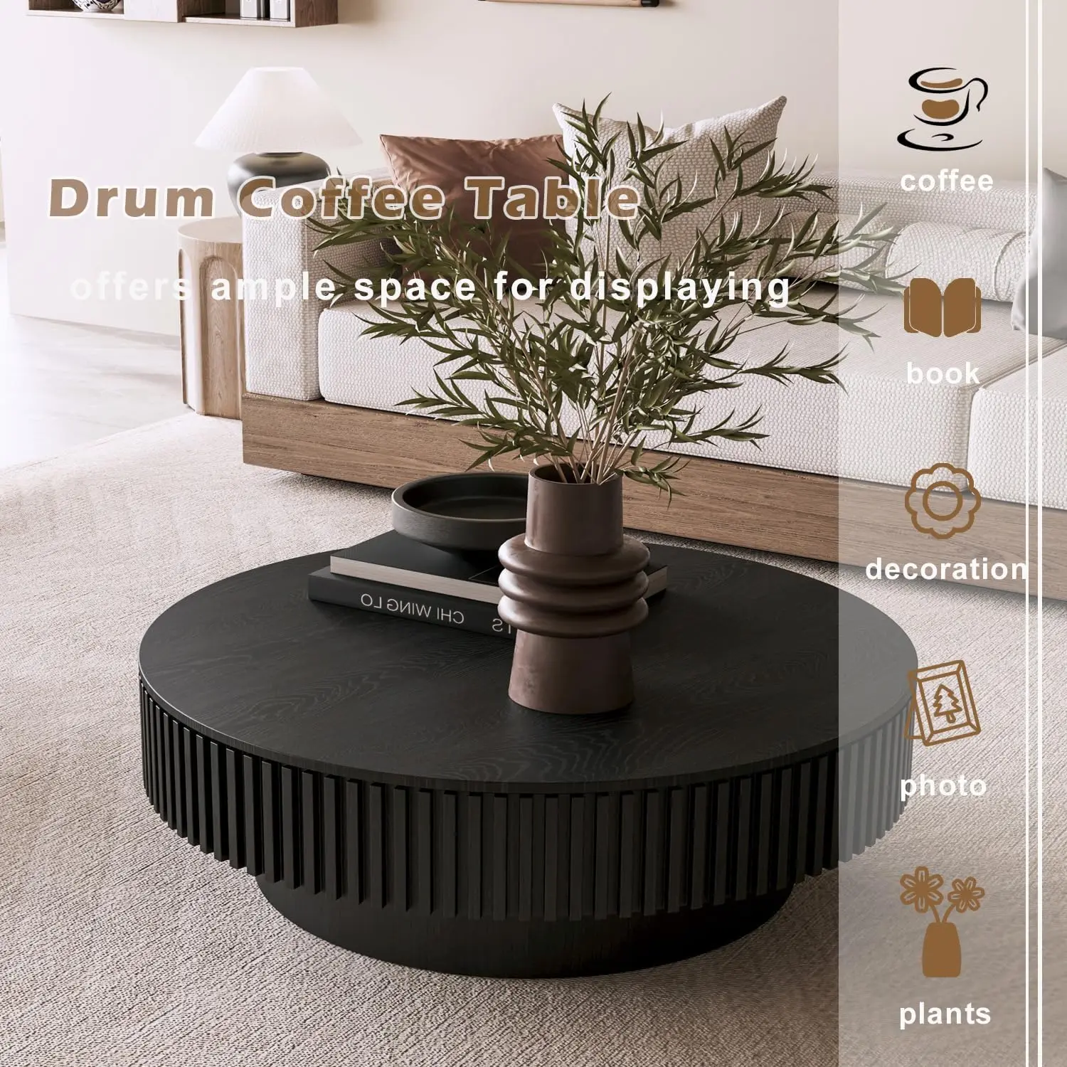 39'' Round Coffee with Storage, Modern Wooden Coffee Table with Solid Wood Veneered, Circle Center Accent Tea